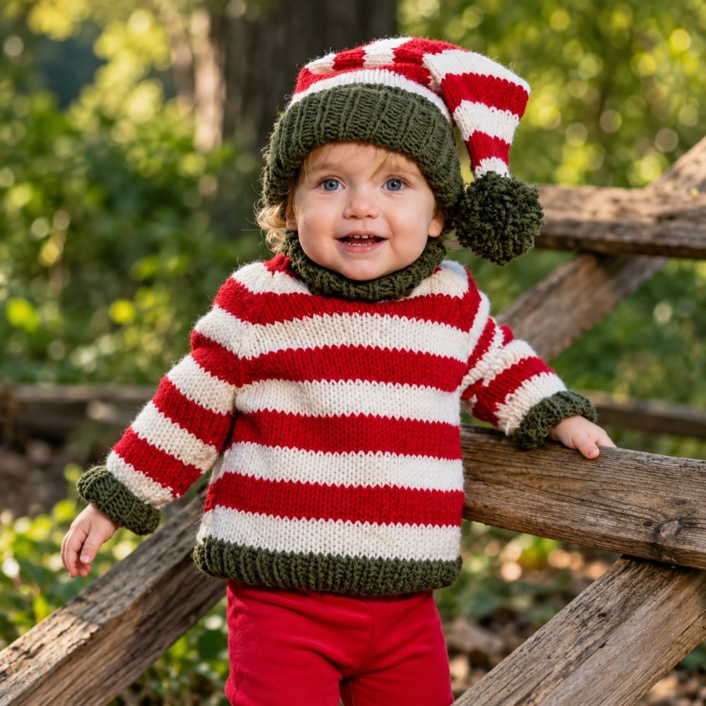 Toddler in a red and white striped knitted elf sweater with green ribbing and a matching striped elf hat, from the Kids Elf Christmas Sweater pattern by Handy Little Me