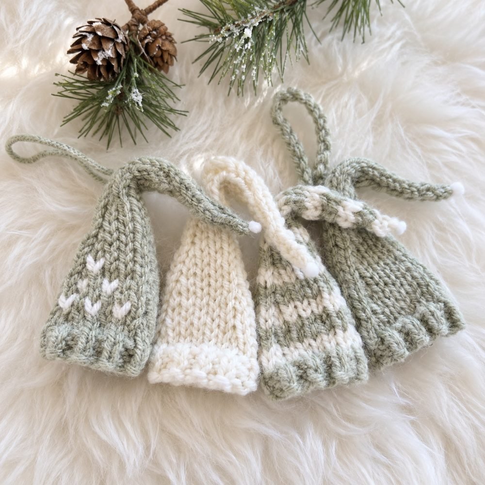 Tiny knitted hat ornaments in white and soft green with ribbed brims, from A Box of Twine