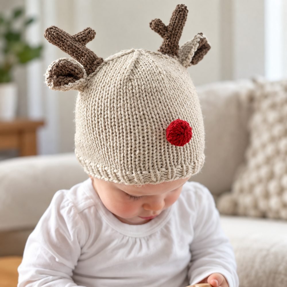 Baby wearing an oatmeal knitted reindeer hat with brown antlers, ears and a red pompom nose, from the Tiny Reindeer Hat pattern by Little Red Window