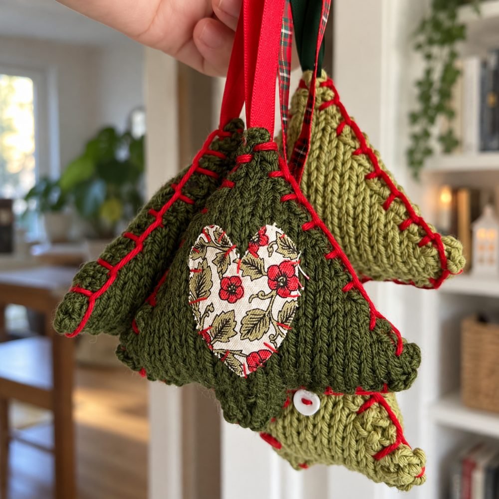 Green knitted Christmas tree ornament with red edging and a fabric heart patch, held up by a red ribbon, from Handy Little Me