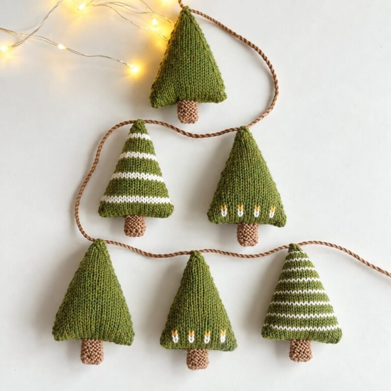 Little green knitted Christmas tree ornaments, some with white stripes, strung on a garland, DROPS Christmas Woods