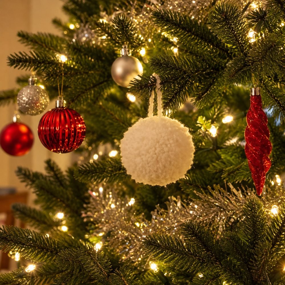 Fluffy white knitted snowball ornament hanging among red baubles on a lit Christmas tree, from Skillfully Tangled