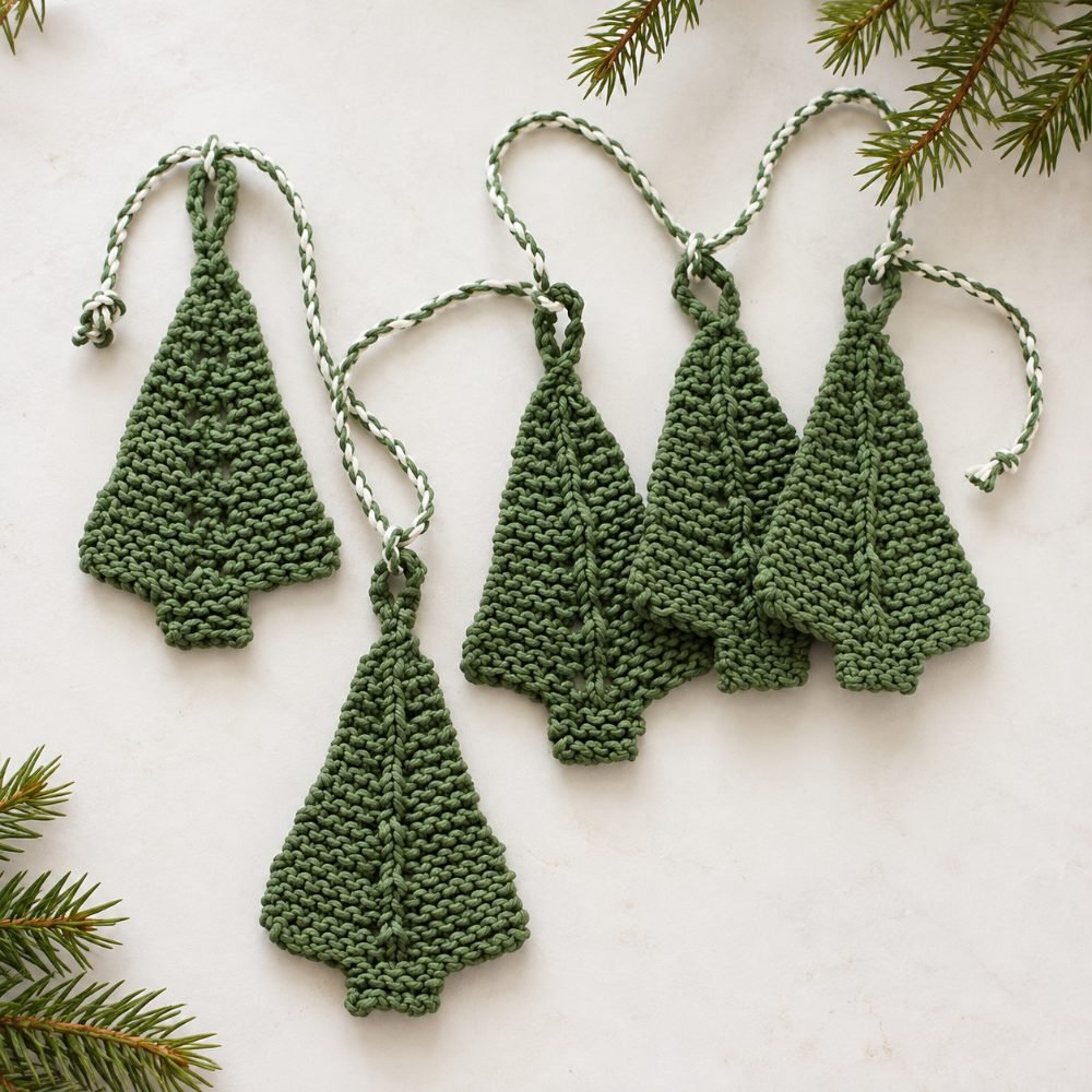 Green garter stitch knitted Christmas tree ornaments with twisted hanging cords, DROPS Forest Garland