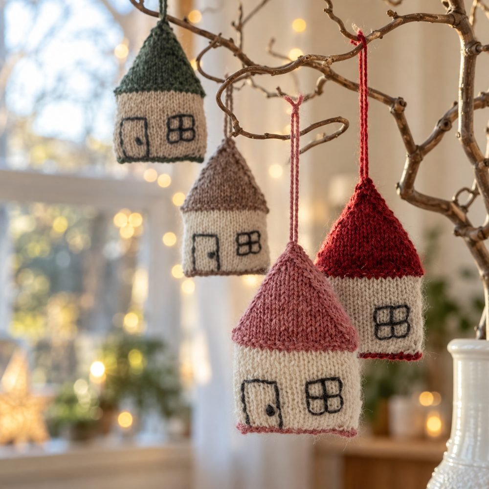 Small knitted house ornaments with windows hanging from branches, DROPS Merry Village