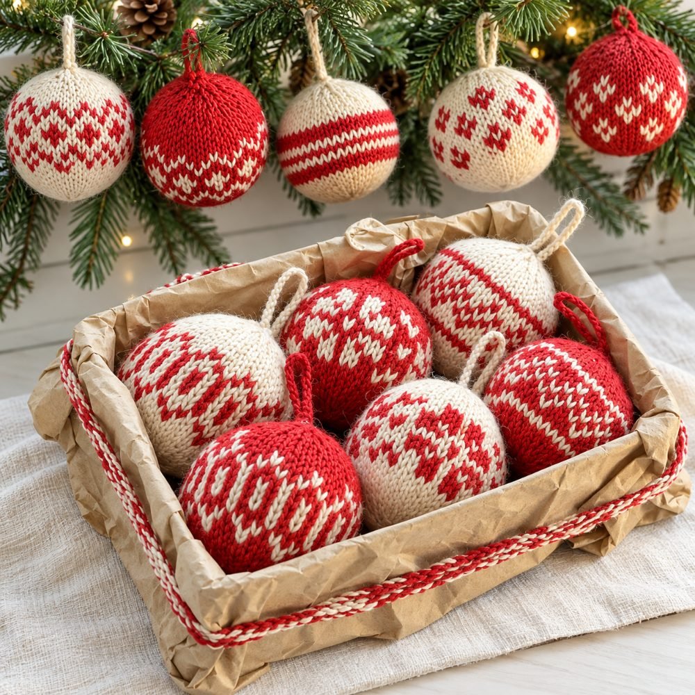 Red and white Nordic-pattern knitted Christmas baubles hanging on a garland and resting in a paper-lined box, DROPS New Traditions