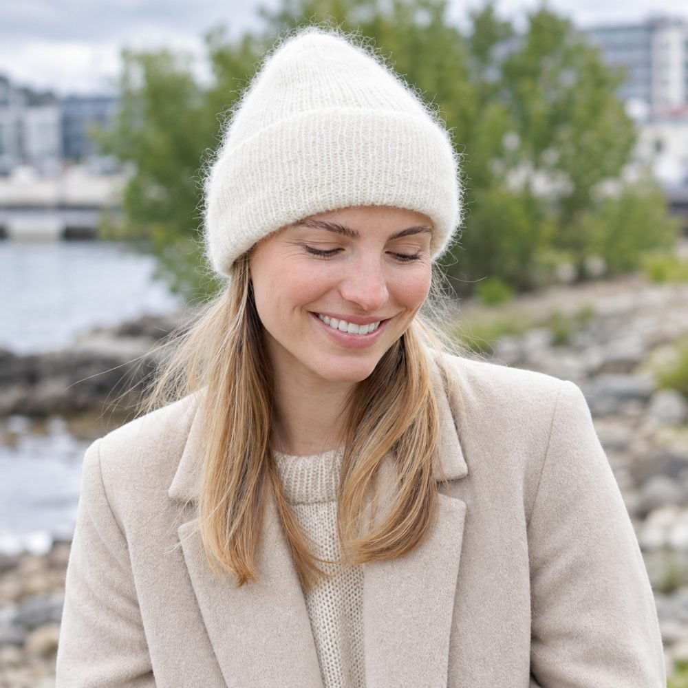 Off white ribbed knitted hat with a deep fold-up brim, DROPS Polar Fold Hat