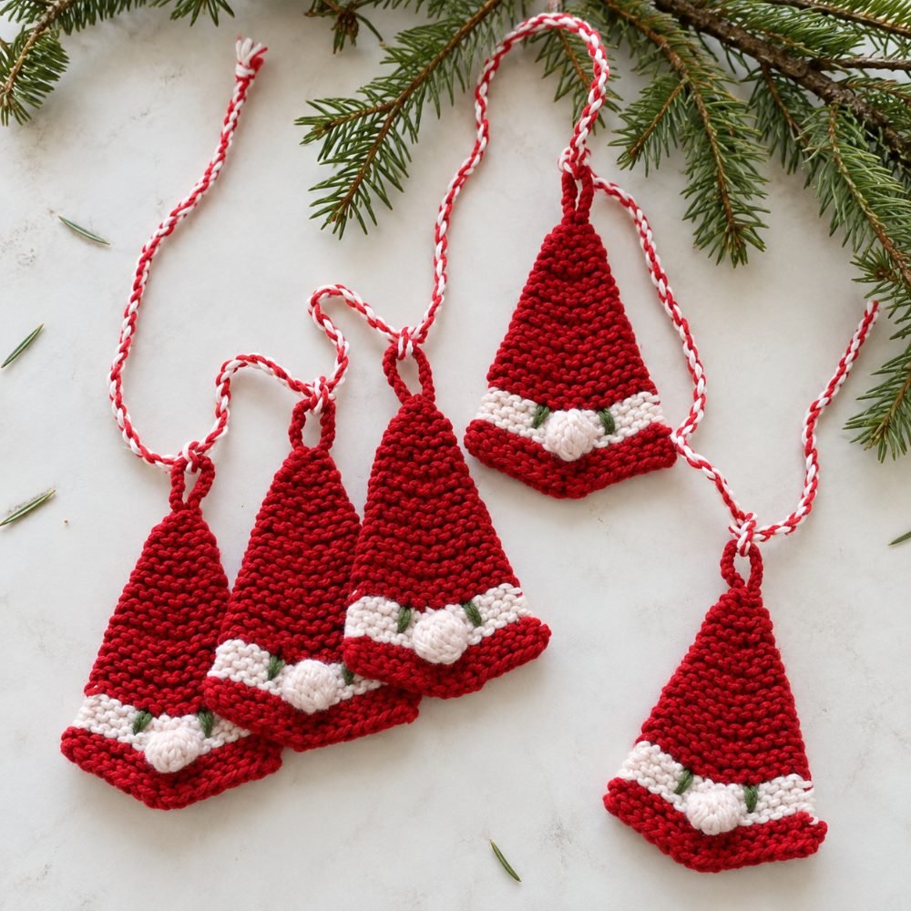 Red and white garter stitch Santa hat ornaments with twisted cords, DROPS Santa's Parade