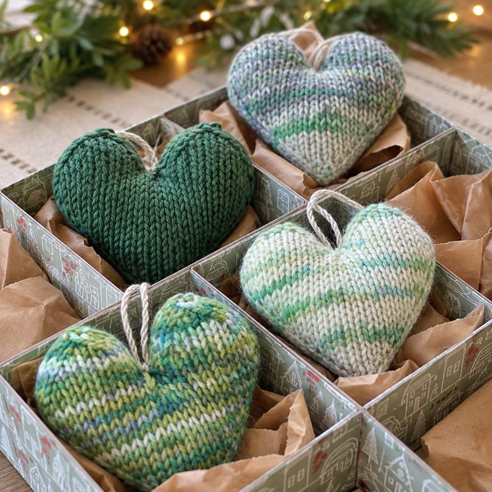 Soft stuffed knitted hearts in green and blue tones in a gift box, DROPS Winter Pine Hearts