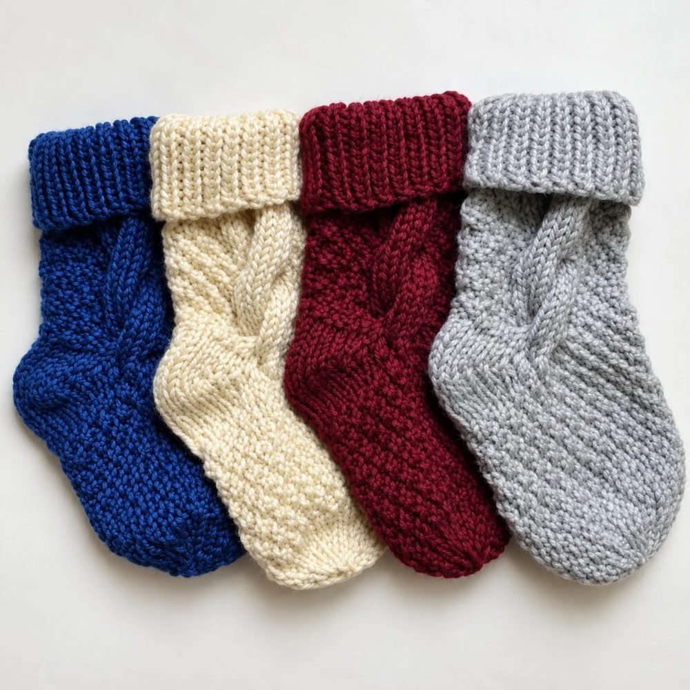 Four moss stitch cable knitted Christmas stockings in blue, cream, red and grey, from Squigglidinks