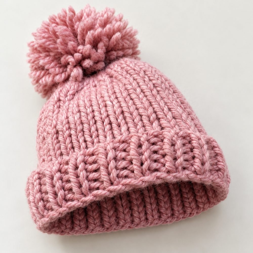 Pink chunky knitted bobble hat with a ribbed fold-up brim and a big pompom, from the Easy Bobble Hat pattern by Curious Handmade