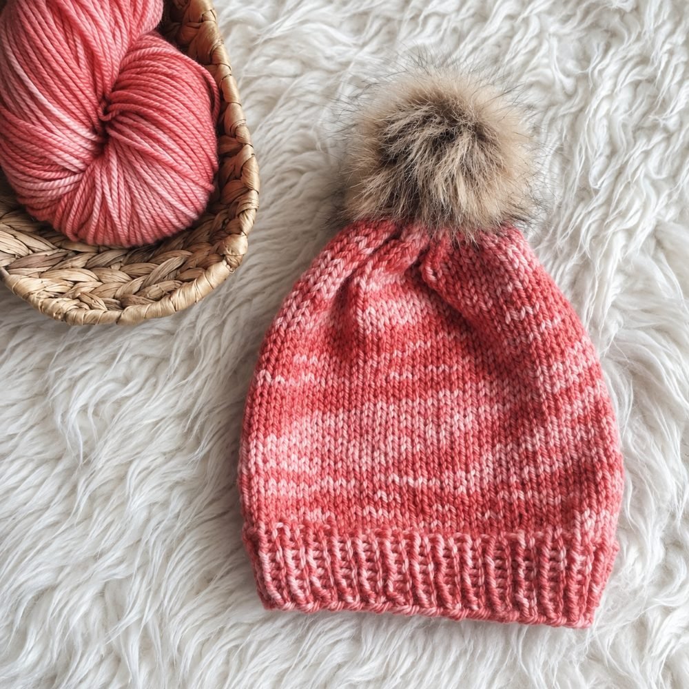 Pink speckled knitted beanie with a faux fur pompom on a white rug beside a bowl of yarn, from Little Things Blogged