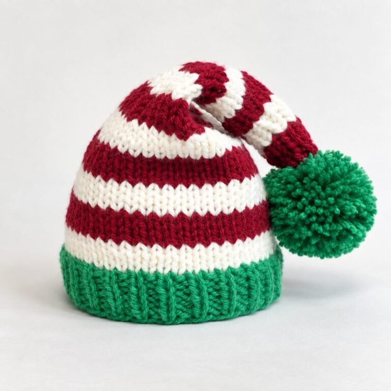 Red and white striped knitted elf stocking cap with a green ribbed brim and green pompom, from the Christmas Elf Stocking Cap pattern by Fox & Pine Stitches
