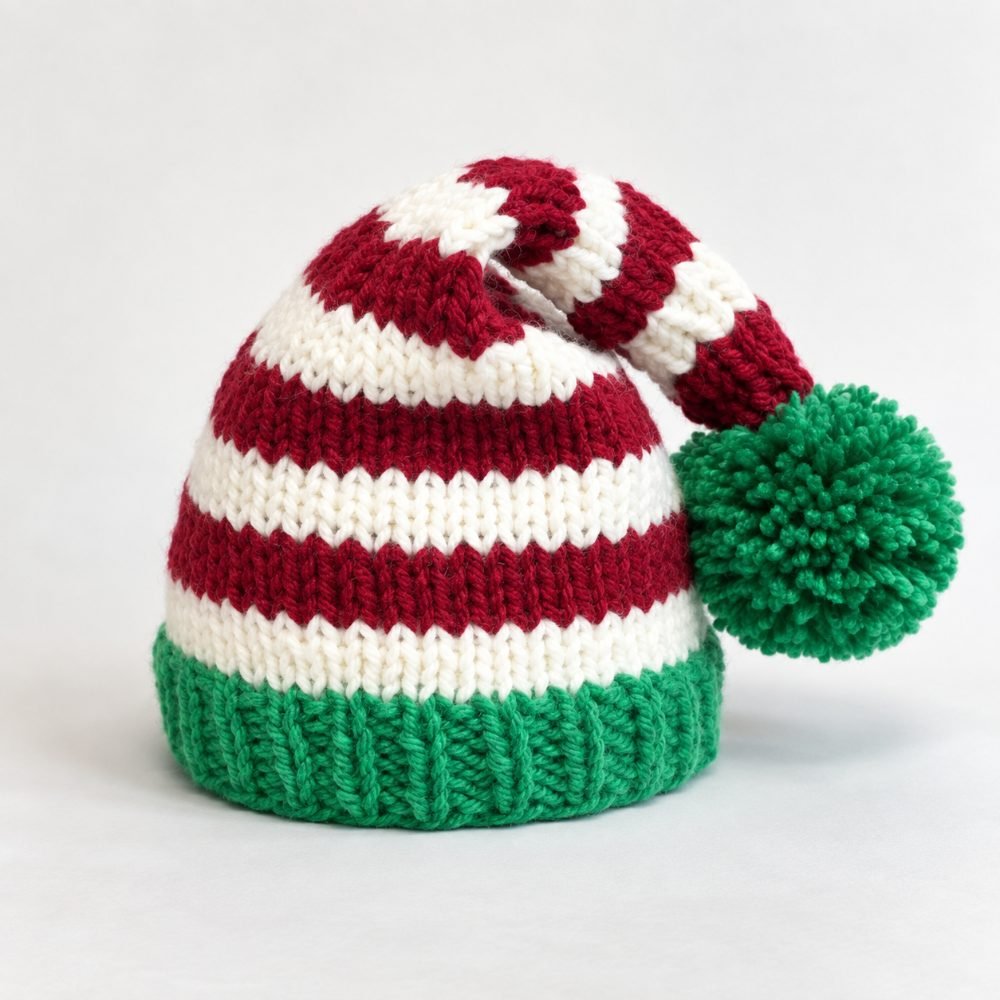 Red and white striped knitted elf stocking cap with a green ribbed brim and green pompom, from the Christmas Elf Stocking Cap pattern by Fox & Pine Stitches