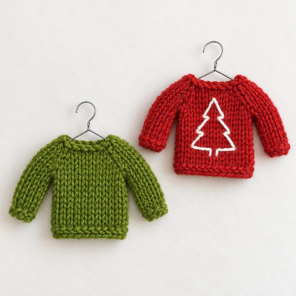 Two tiny knitted sweater ornaments on hangers, one green and one red with a white tree motif, from CraftBits